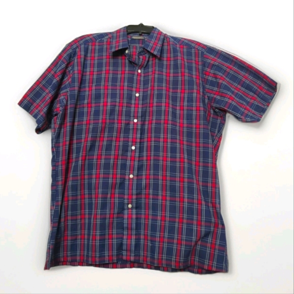 Towncraft Men's Large Red/Blue Plaid Short Sleeve Button-Up Shirt Polyester/Cott - Picture 1 of 16